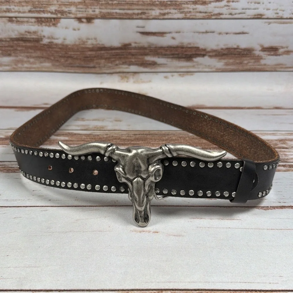 Forest & Culver Western Belt Size M Black Leather Bull Skull Studded Wide 2